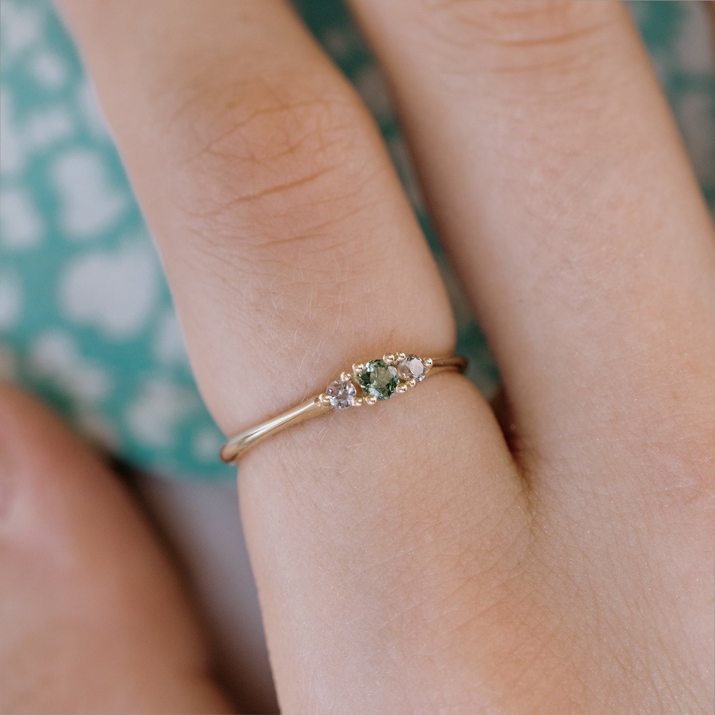 Pink and green sapphire anemone ring, main stone 0.15 carat