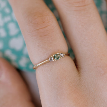 Pink and green sapphire anemone ring, main stone 0.15 carat