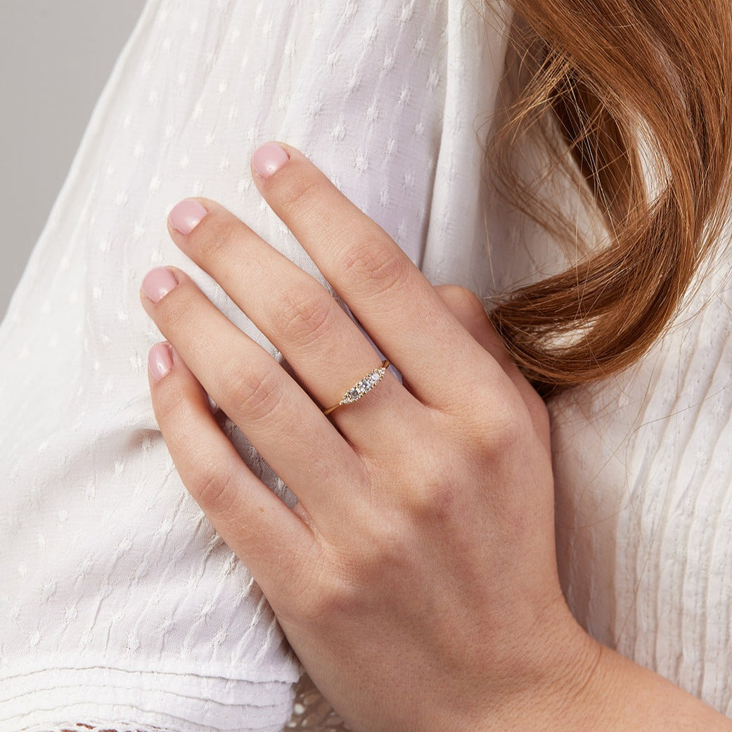 A ripple ring with a center stone of a tenth of a carat of laboratory diamonds