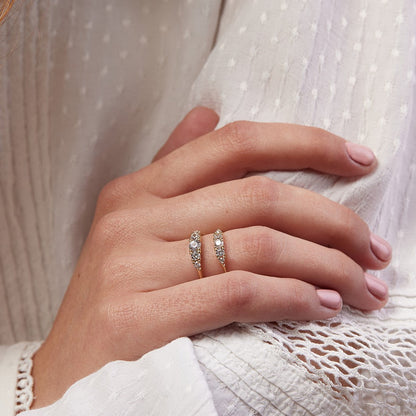 A ripple ring with a center stone of a tenth of a carat of laboratory diamonds